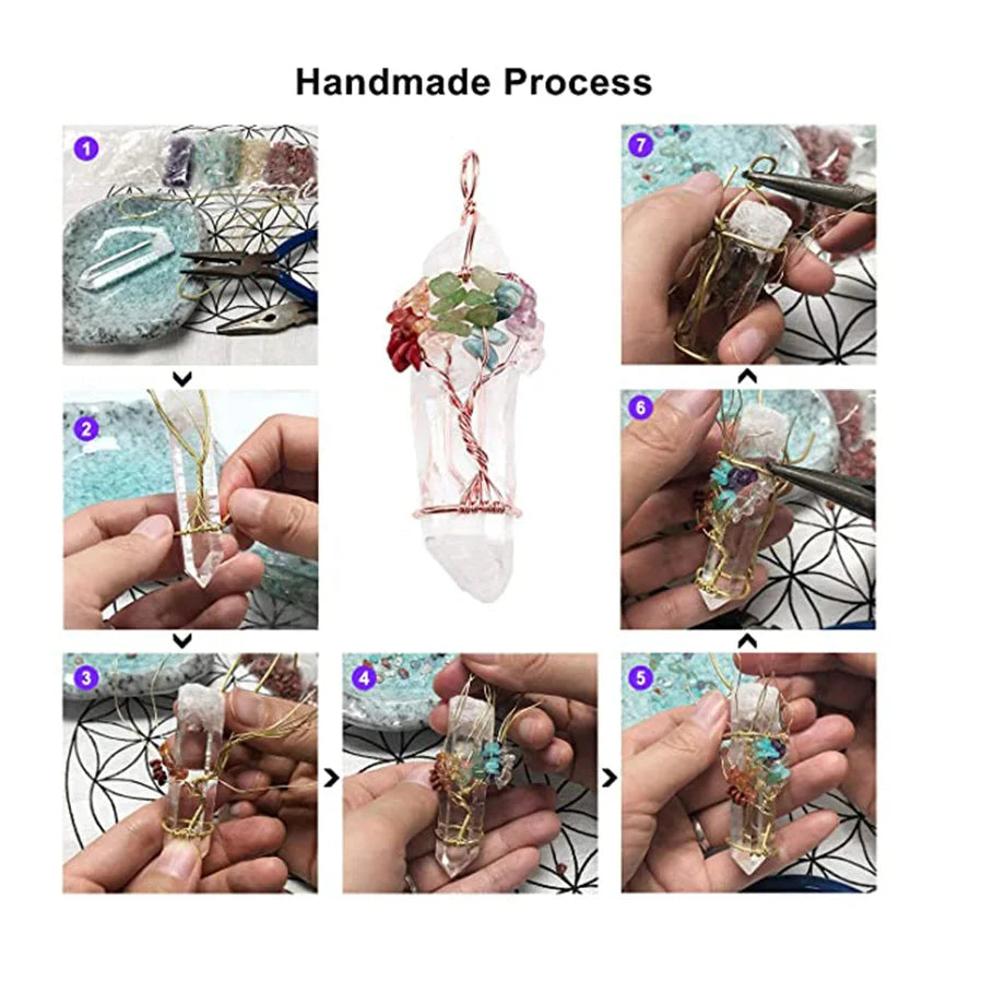 Natural Gem Stone Rock Crystal Pendant Reiki Chakra Tree of Life Handmade Wire Wrapped Clear Quartz Pendant for Necklace F517