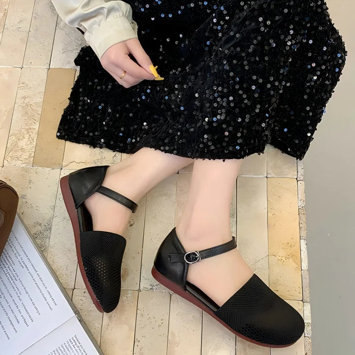 2025 New Spring Summer Mesh Sandals for Women Fashion Flat Low Heel Pumps Round Toe Ankle Strap Sandals Casual Dress Shoes Black
