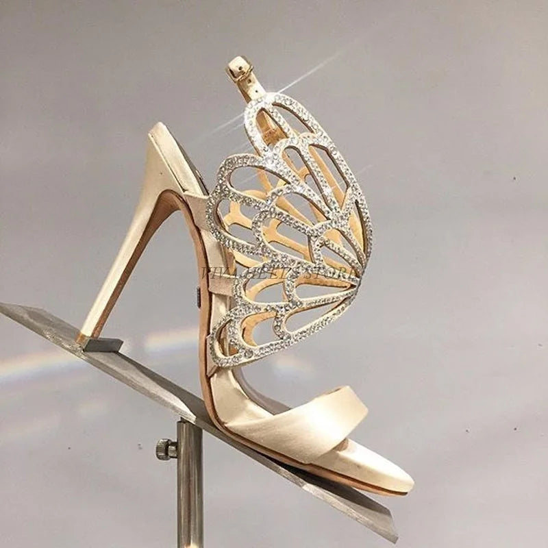 Women's Crystal Butterfly Elegant Satin Sandals Real Leather Comfy Bride High Heels Luxury Design Black champagne Wedding Shoes