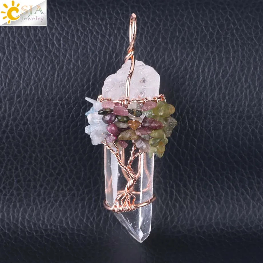 Natural Gem Stone Rock Crystal Pendant Reiki Chakra Tree of Life Handmade Wire Wrapped Clear Quartz Pendant for Necklace F517