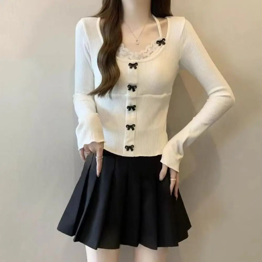 Lace Tied Up Long Sleeved T Shirts Slim Fit Thin Strap Y2k Slim Neck Hanging Tank Top Korean Style Female Top