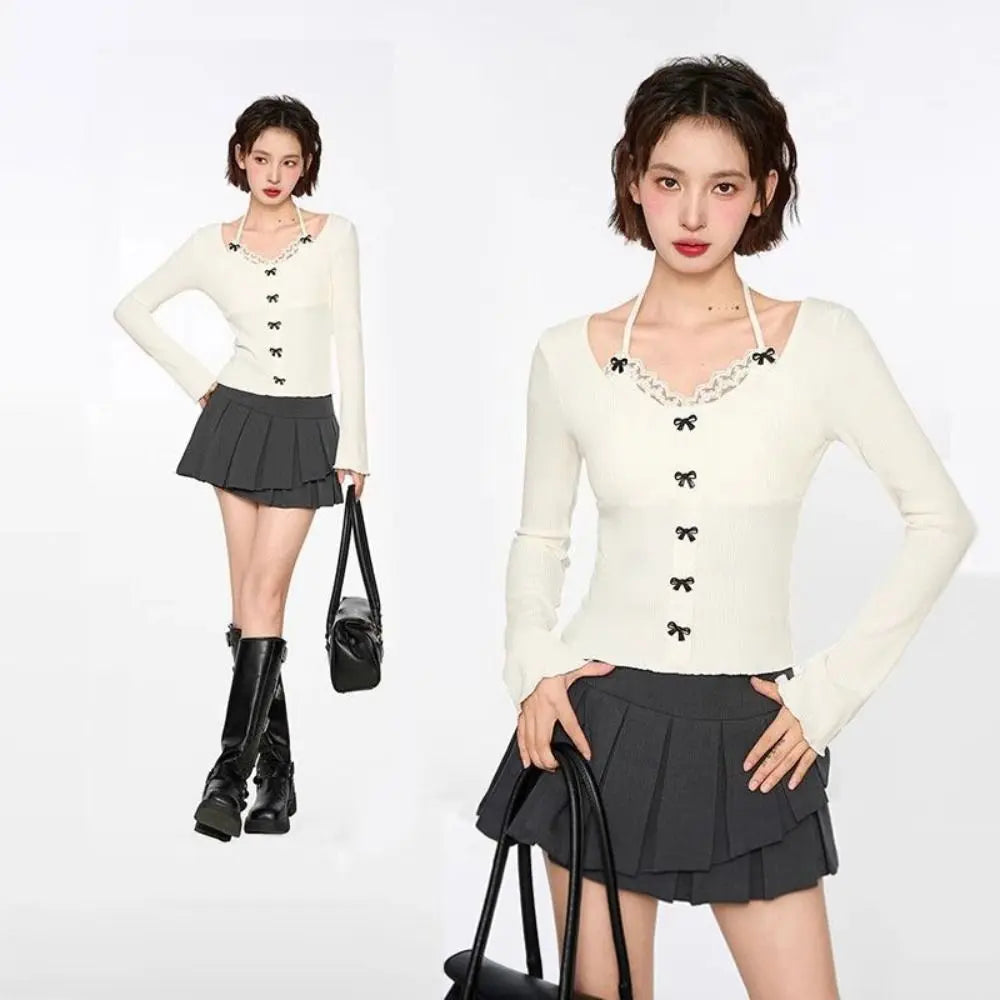 Lace Tied Up Long Sleeved T Shirts Thin Strap Korean Style Y2k Slim Neck Hanging Tank Top Suspender Bras Slim Fit