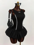 Black Ruched Mini Dress With White Stripe And Ribbon Tie Detail