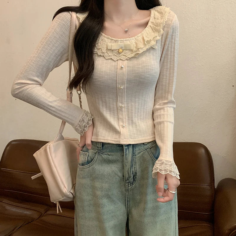 Women's 2026 Spring Autumn New Sweet Cute Lace Thin Short Slim Fit Crew Neck Long Sleeve T Shirt Base Top