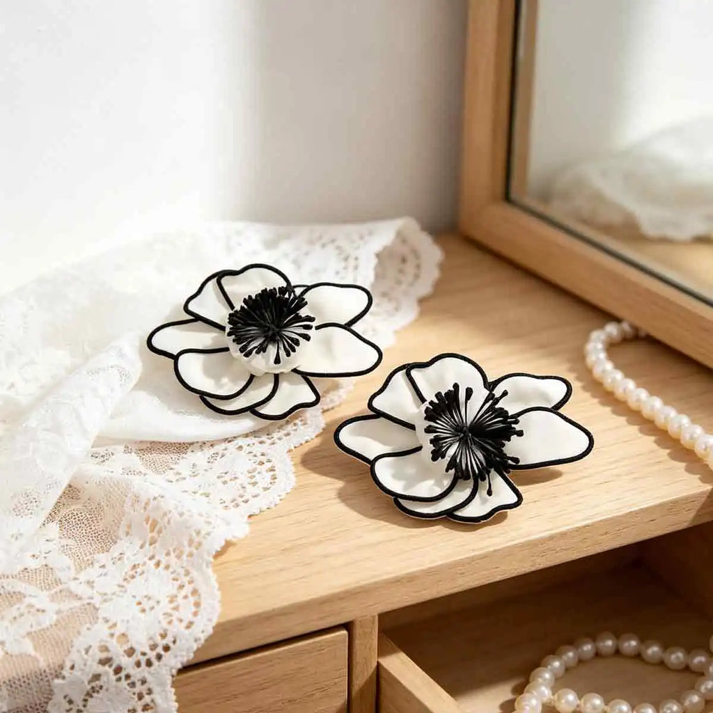 Elegant Black White Fabric Flower Earrings with Handmade Charms for Women French Style and Formal Occasion