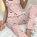 2pcs Sanrio Hello Kitty Pajama Set Features A Women'S Halter Neck Top with An Off The Shoulder Style and Black Pants
