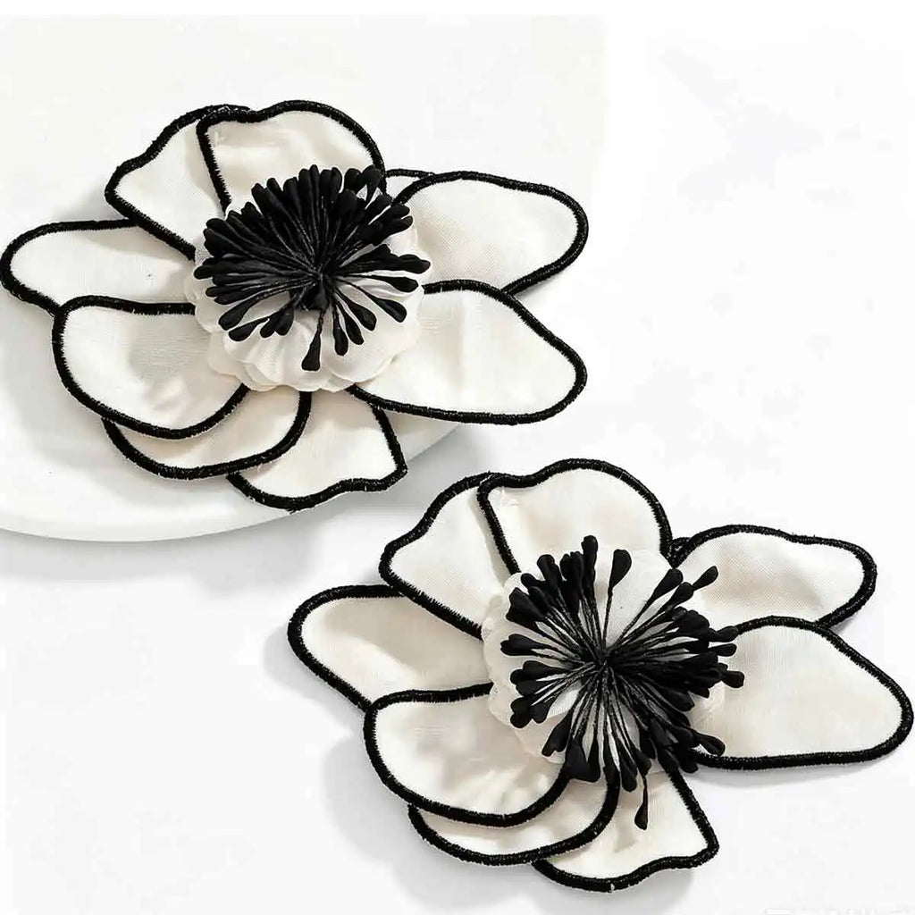 Elegant Black White Fabric Flower Earrings with Handmade Charms for Women French Style and Formal Occasion