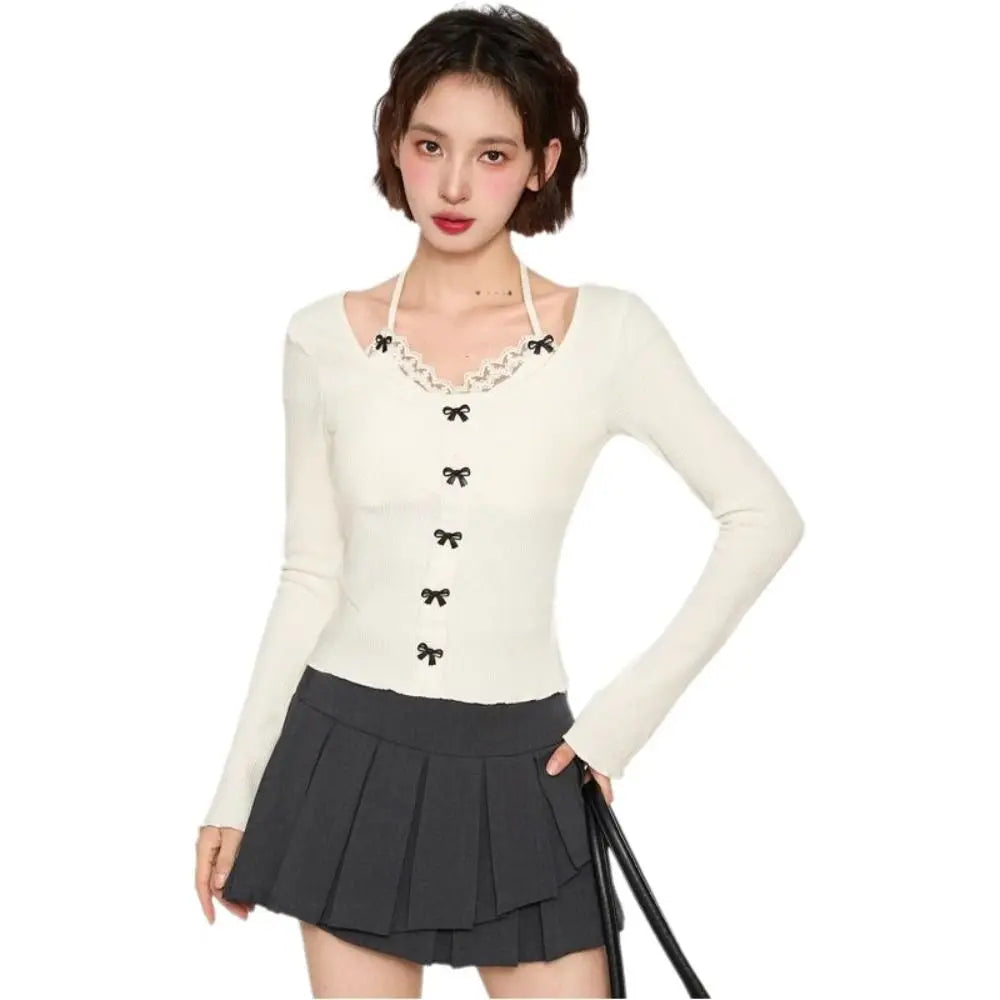 Lace Tied Up Long Sleeved T Shirts Slim Fit Thin Strap Y2k Slim Neck Hanging Tank Top Korean Style Female Top