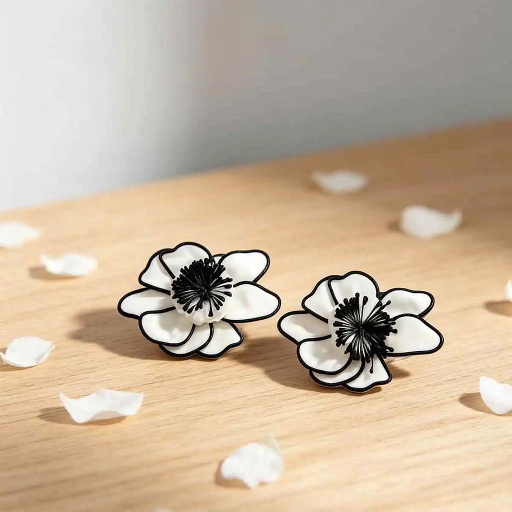 Elegant Black White Fabric Flower Earrings with Handmade Charms for Women French Style and Formal Occasion