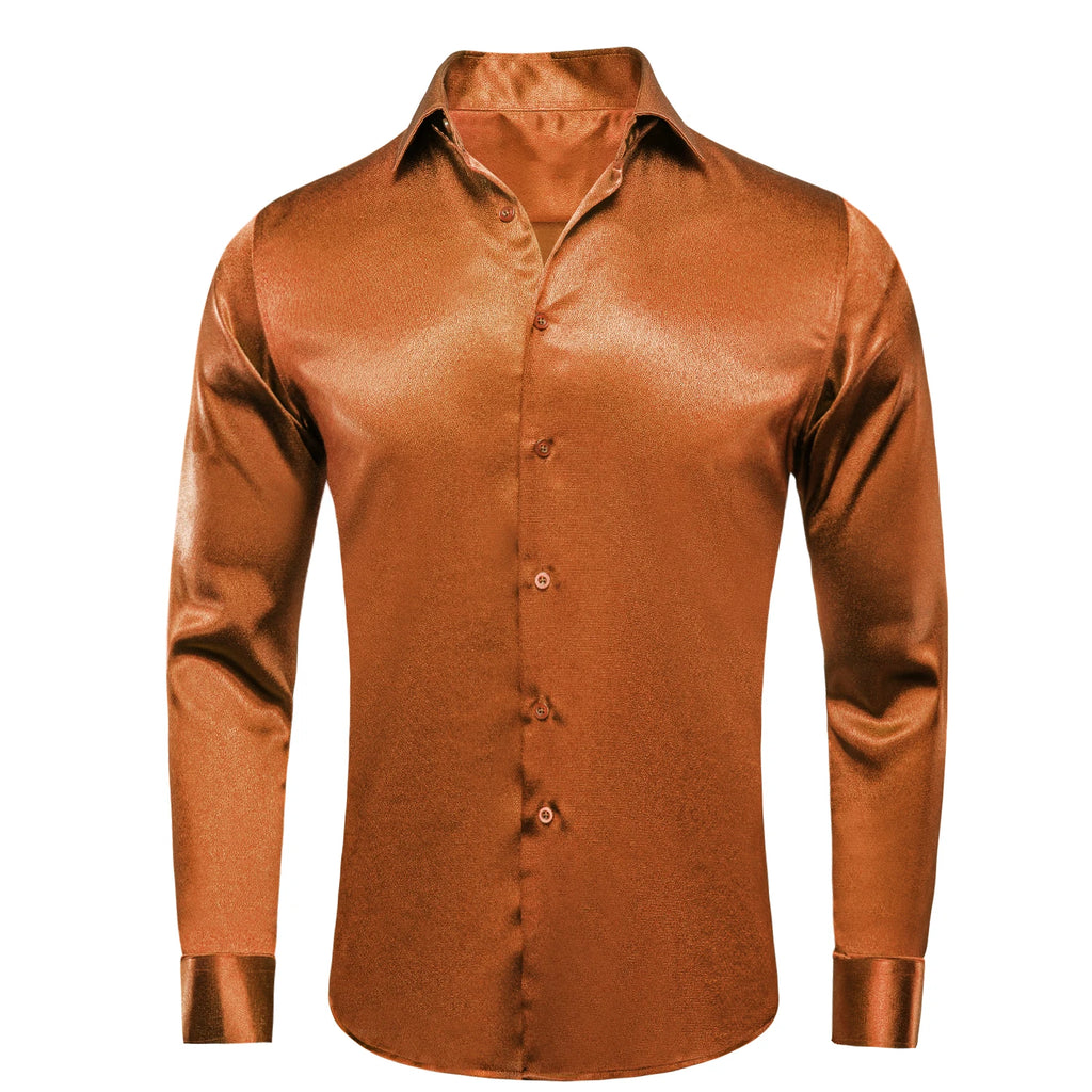 Hi-Tie Plain Satin Silk Mens Dress Shirts Long Sleeve Suit Shirt Casual Formal Blouse Pure Solid Rose Gold Peach Pink Mint White