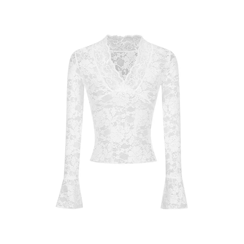 2026 Spring Sexy V-neck Lace Long Sleeved T-shirt Fashionable Women's Waist Cinching Slimming Fit Pullover Casual Club Outfit