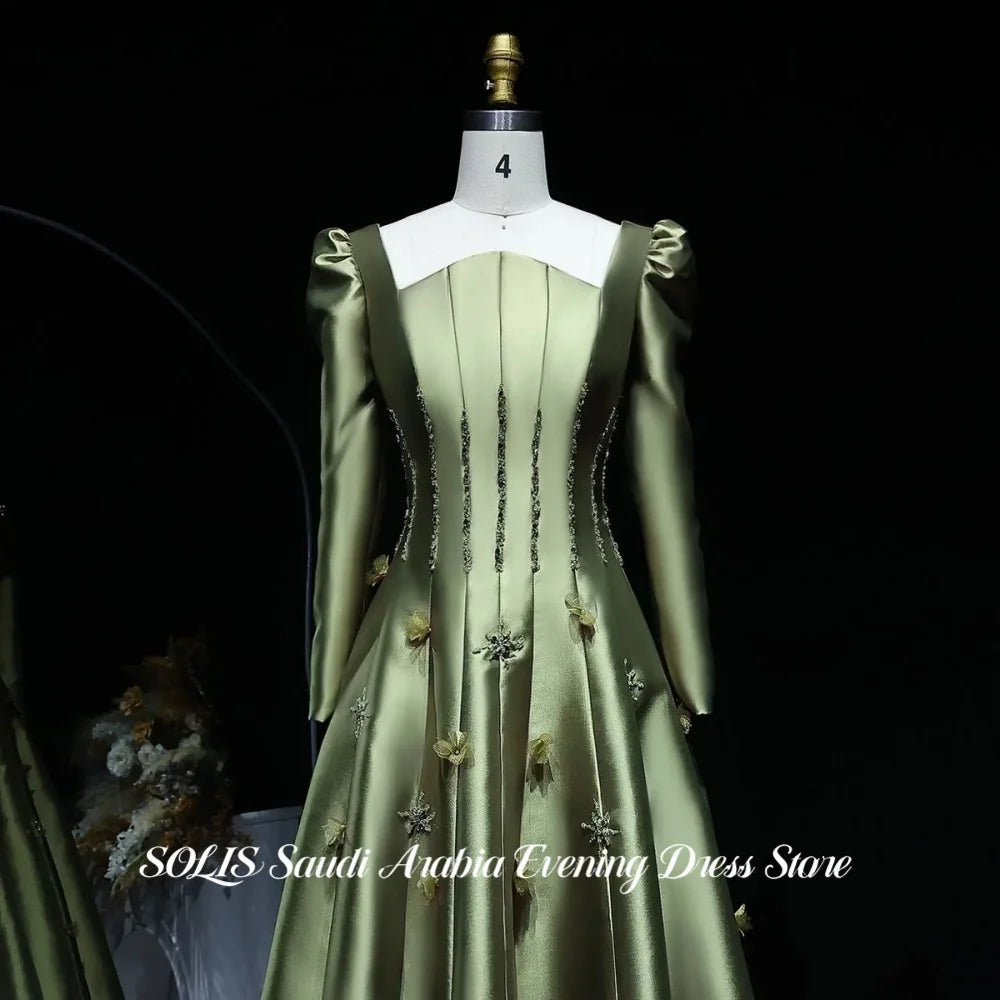 SOLIS Sage Green Prom Dress Long Puff Sleeve Evening Dress with Beaded Corset 3D Appliqué Satin A-Line Party Dress Customized