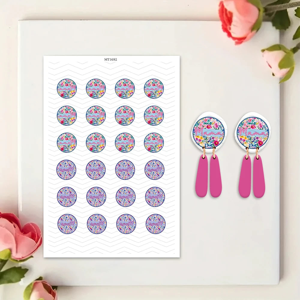 20pcs Mother's Day Themed Transfer Paper for Polymer Clay-Floral Mama Print Water Transfer Sheets for DIY Clay Earrings & Crafts