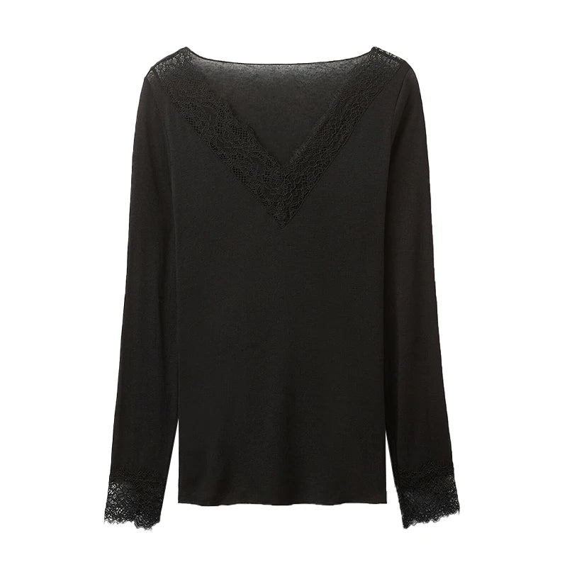 2026 Spring/Autumn Lady Fashion Inner Wear Casual V Neck Lace Trim Top Women's Solid Full Sleeve Underwear Shirt for Layering
