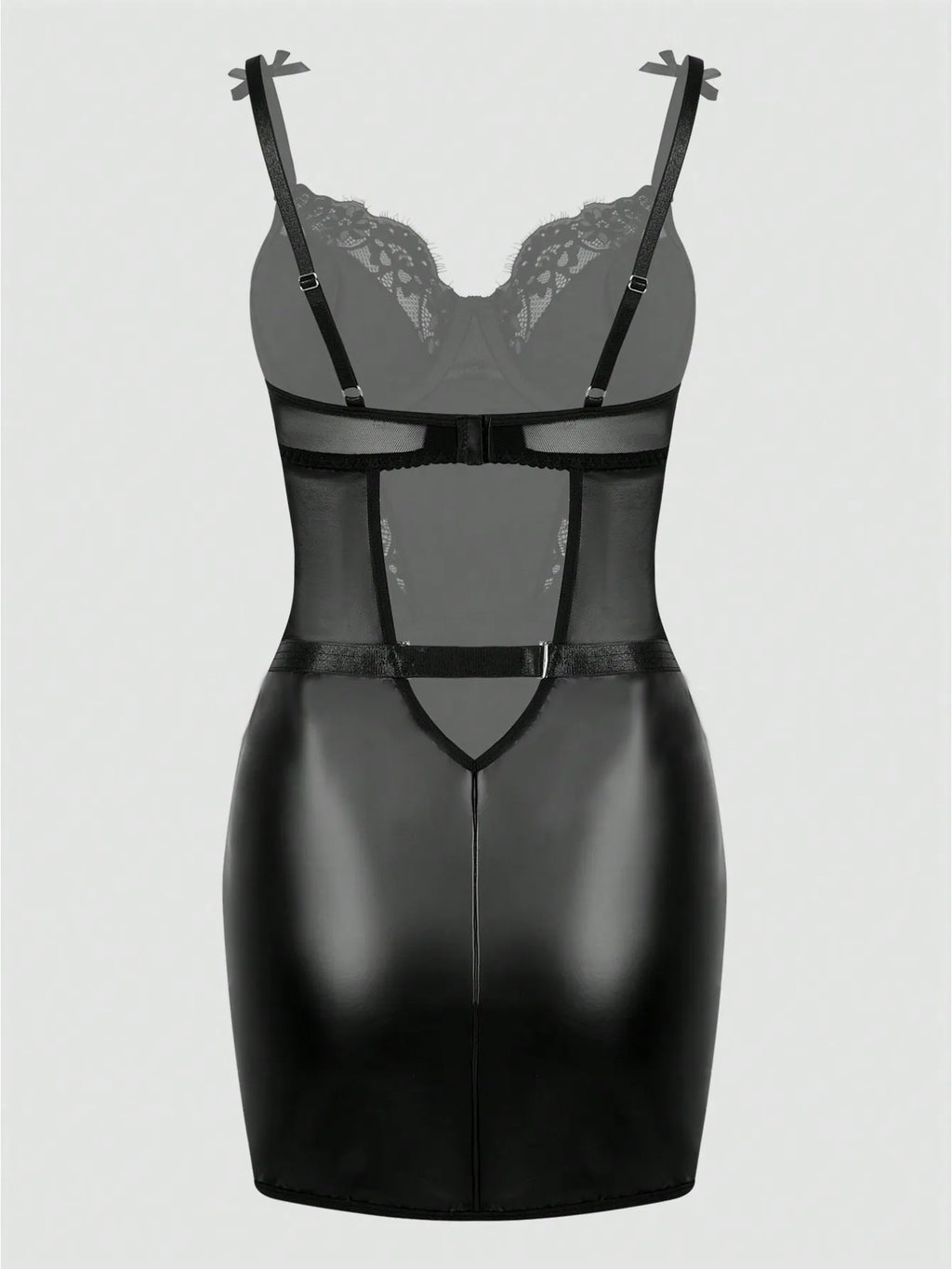Black PU Leather Lace Trim Zip-Front Corset Dress with Bow Straps