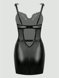Black PU Leather Lace Trim Zip-Front Corset Dress with Bow Straps