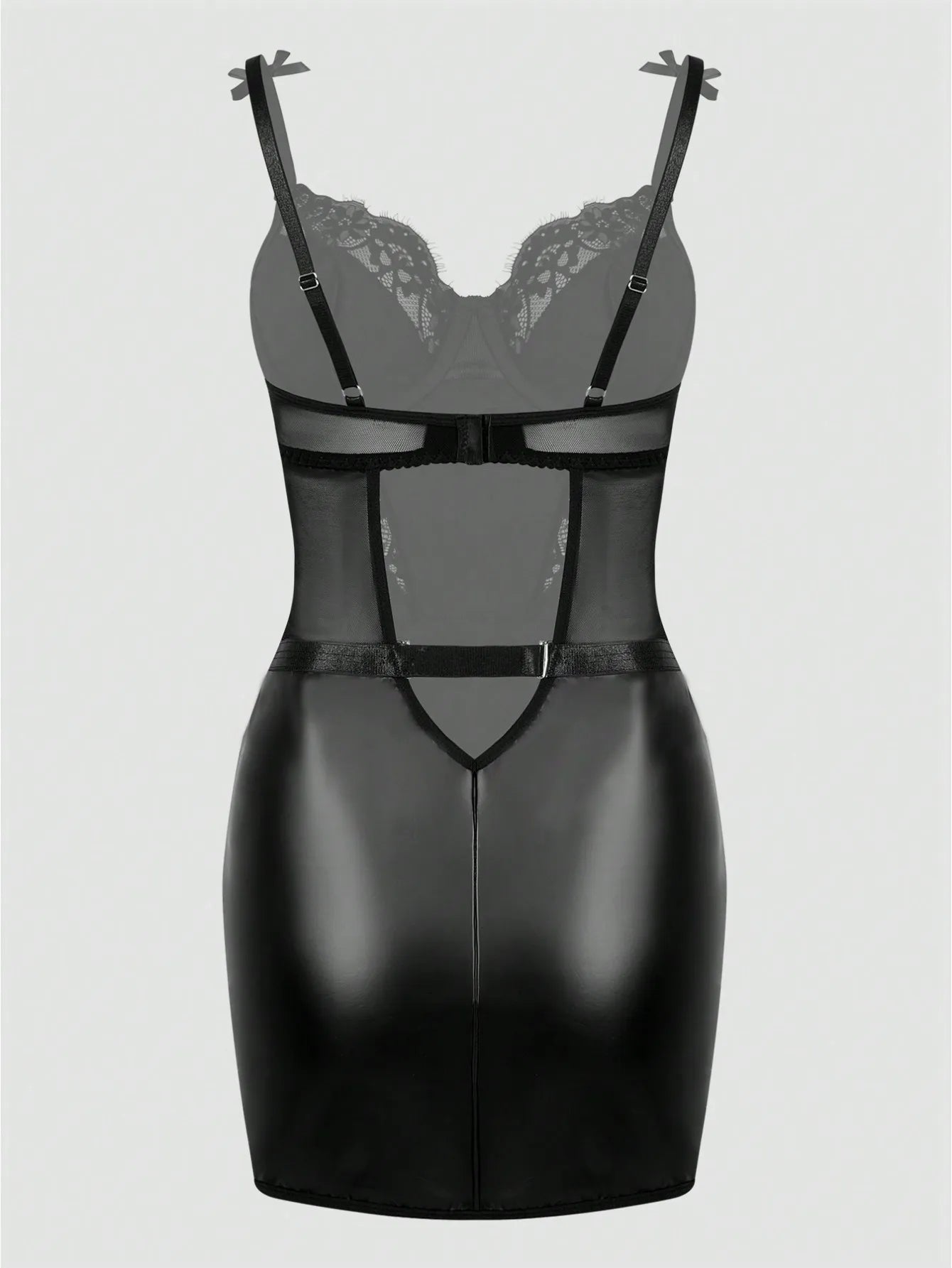 Black PU Leather Lace Trim Zip-Front Corset Dress with Bow Straps