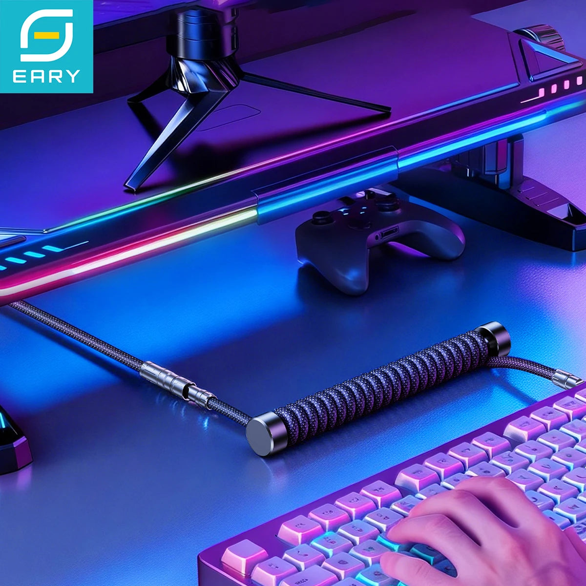 Eary 1.2m Coiled Keyboard Cable USB to Type-C Detachable Metal Aviator for Mechanical Gaming Keyboard Accessories for PC Laptop