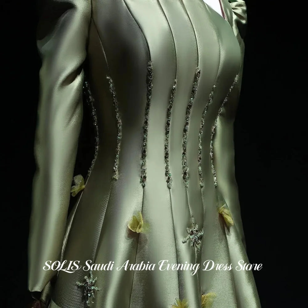 SOLIS Sage Green Prom Dress Long Puff Sleeve Evening Dress with Beaded Corset 3D Appliqué Satin A-Line Party Dress Customized