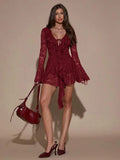 Black Lace Long Sleeve Mini Dress With Deep V-Neck And Ruffle Detail For Party Cocktail Date