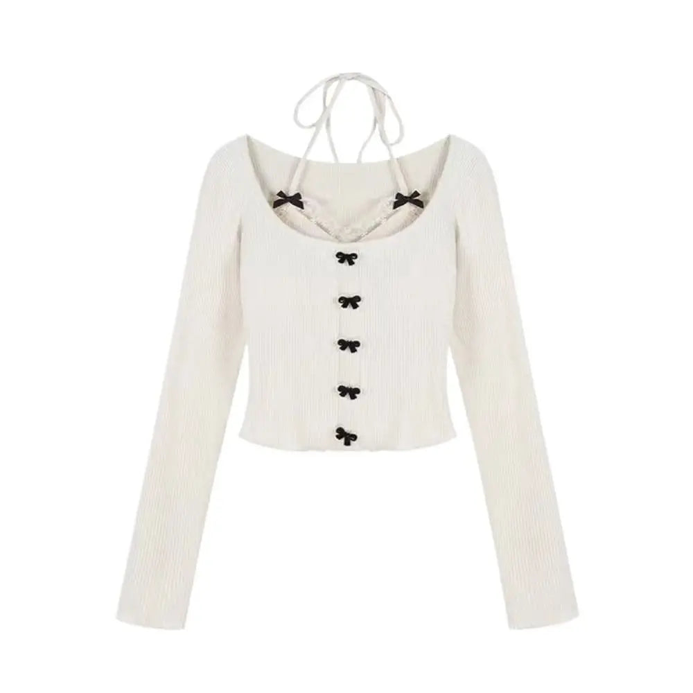 Lace Tied Up Long Sleeved T Shirts Slim Fit Thin Strap Y2k Slim Neck Hanging Tank Top Korean Style Female Top