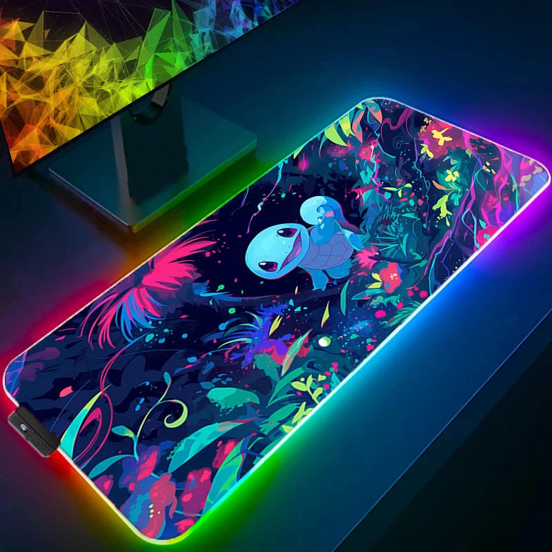 Mouse Pad RGB P-Pokemons Squirtle Gaming Mousepad LED Pad PC Desk Mat Luminous Mouse Pad Keyboard Mats Table Rug With