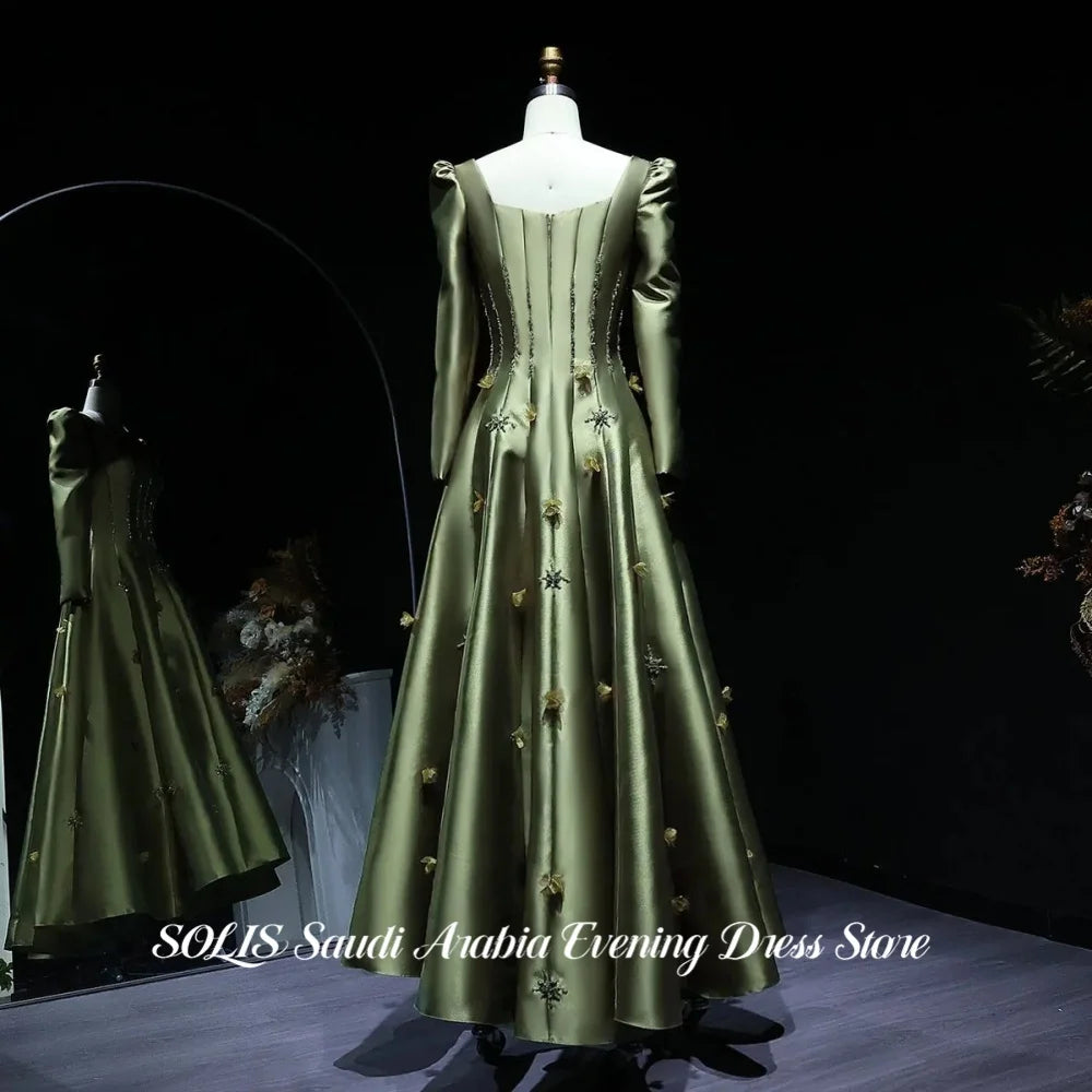 SOLIS Sage Green Prom Dress Long Puff Sleeve Evening Dress with Beaded Corset 3D Appliqué Satin A-Line Party Dress Customized
