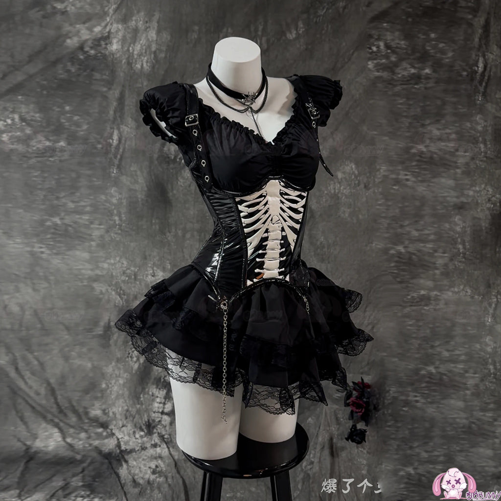 Halloween Gothic Skull Short Dress Cosplay Lolita Punk Steampuff Black Corset Outfit Jirai Kei Halloween Christmas Costume Anime
