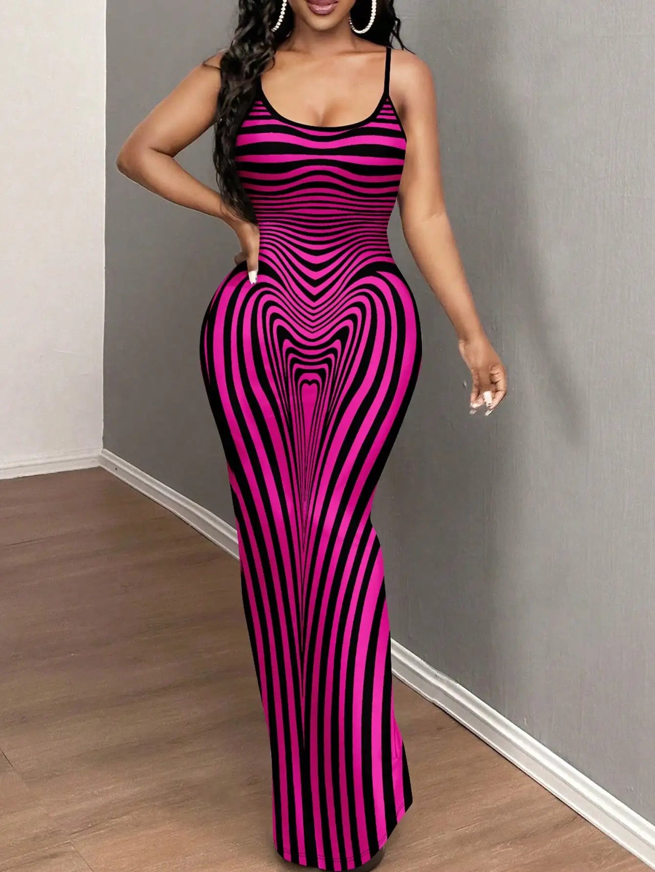 Curve-Hugging Maxi Dress With Black And Beige Optical Illusion Stripes For Women