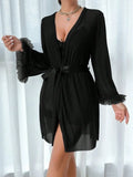 Women 3 Piece Red Sexy Lace Robe Sheer Temptation Lingerie Set Black Slip Dress With Gauze Coat and Belt Erotic Sleepwear Suit