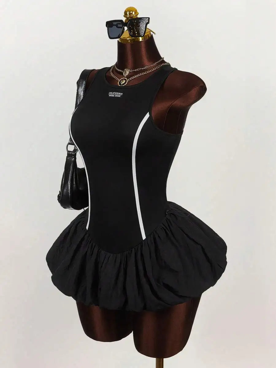 Black Ruched Mini Dress With White Stripe And Ribbon Tie Detail