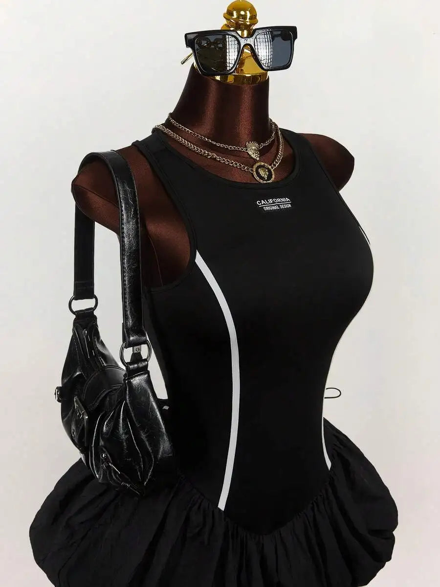 Black Ruched Mini Dress With White Stripe And Ribbon Tie Detail