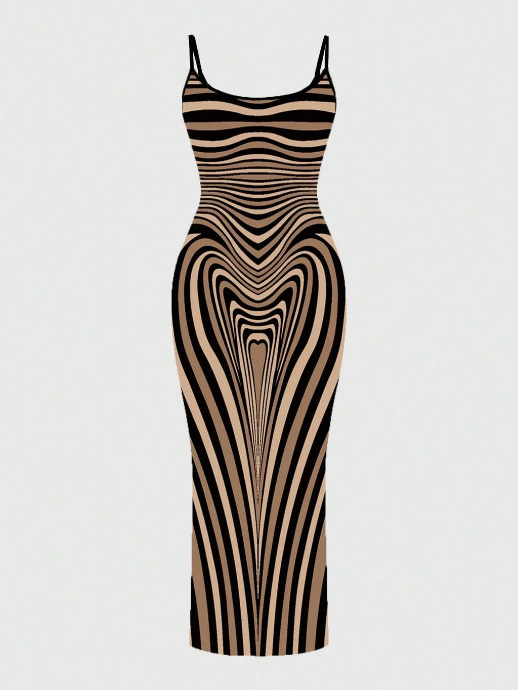 Curve-Hugging Maxi Dress With Black And Beige Optical Illusion Stripes For Women
