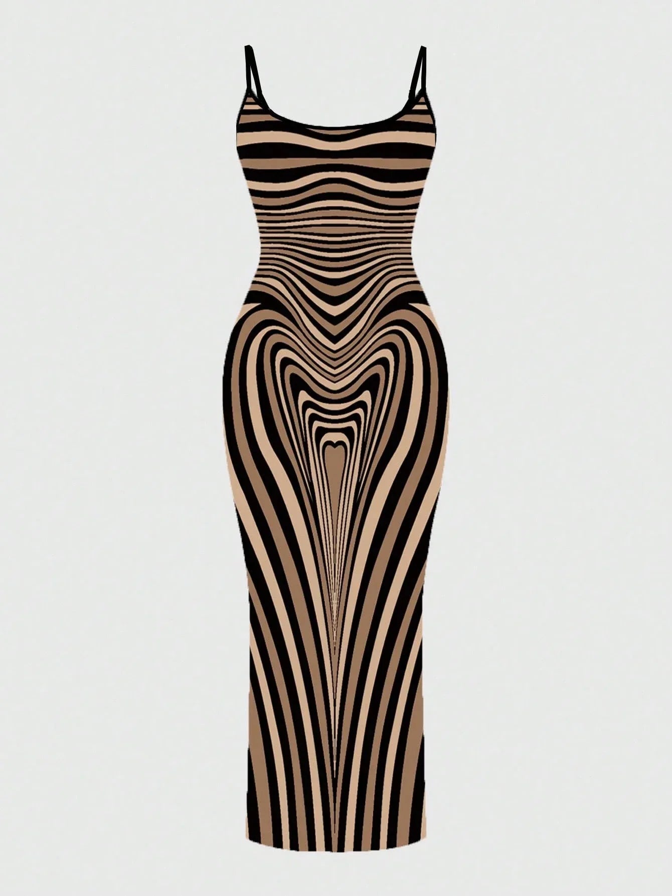 Curve-Hugging Maxi Dress With Black And Beige Optical Illusion Stripes For Women