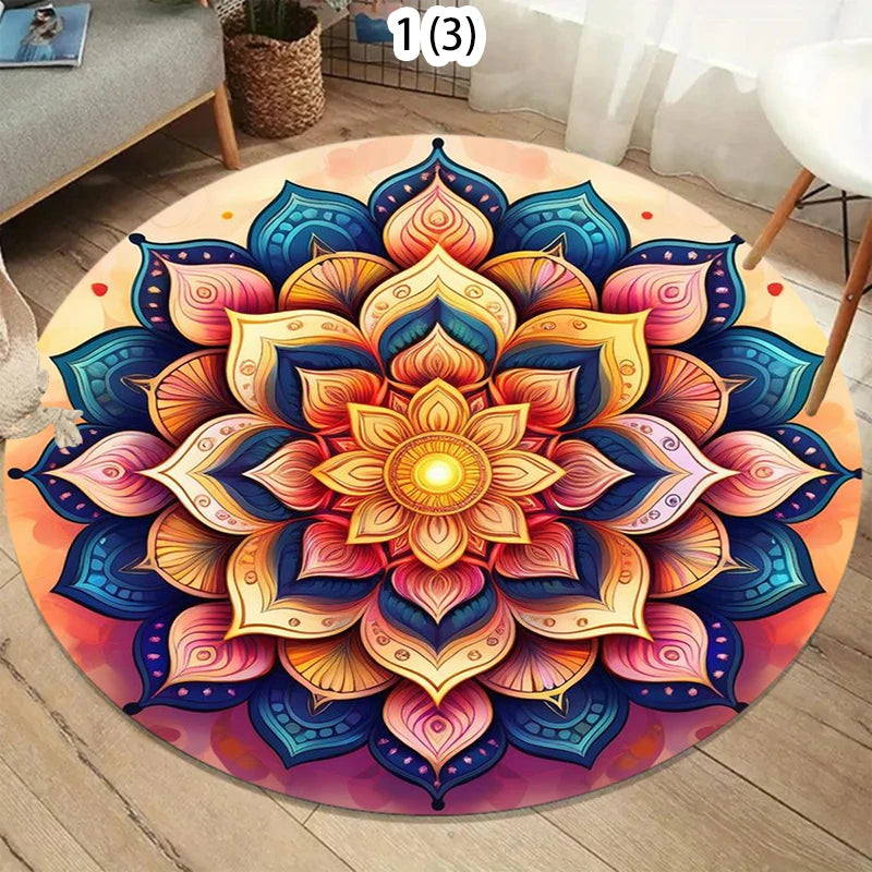 Colorful 2D Mandala Mystery Chakra Print Round Rug Meditation and Yoga Machine Washablefor Bedroom and Living Room  Home Rug