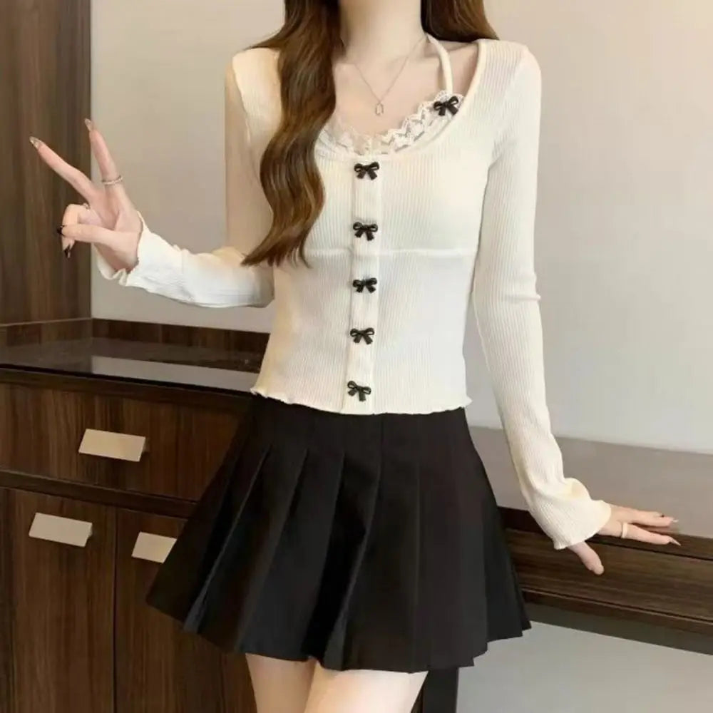Lace Tied Up Long Sleeved T Shirts Slim Fit Thin Strap Y2k Slim Neck Hanging Tank Top Korean Style Female Top
