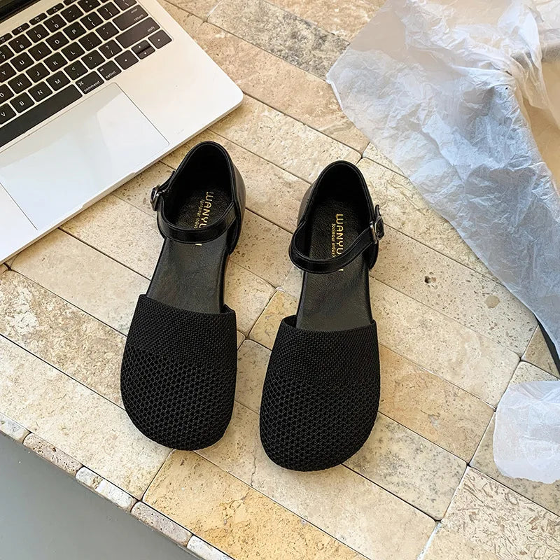 2025 New Spring Summer Mesh Sandals for Women Fashion Flat Low Heel Pumps Round Toe Ankle Strap Sandals Casual Dress Shoes Black