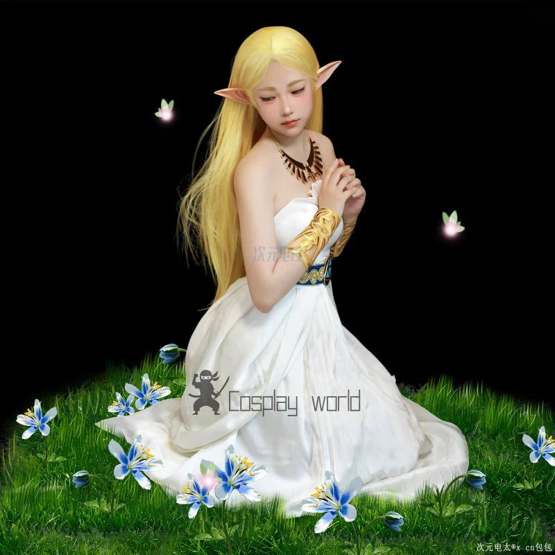 Game Zelda Cosplay Princess Zelda Costume  Wig Women's White Dress Uniform Halloween Party Anime Role Play Outfit