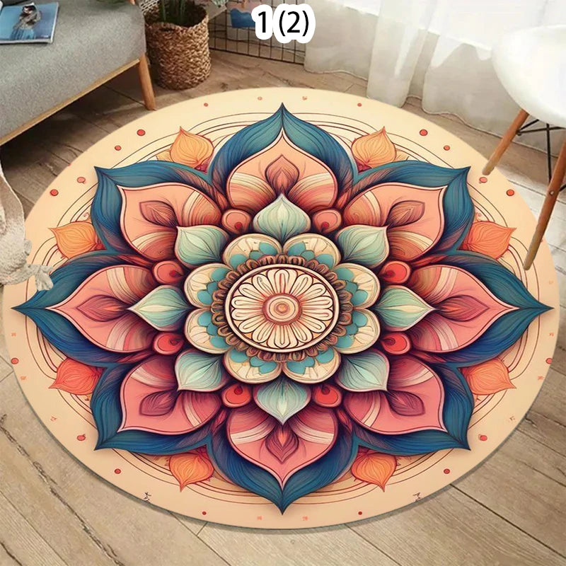 Colorful 2D Mandala Mystery Chakra Print Round Rug Meditation and Yoga Machine Washablefor Bedroom and Living Room  Home Rug