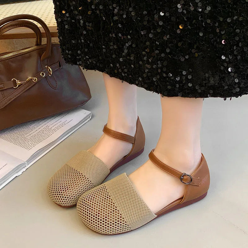 2025 New Spring Summer Mesh Sandals for Women Fashion Flat Low Heel Pumps Round Toe Ankle Strap Sandals Casual Dress Shoes Black