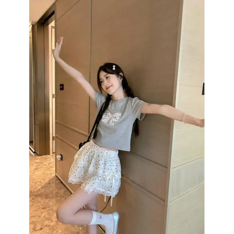 Womens Suit Fashion 2 Piece Set Short Sleeve T Shirt And High Waist Cake Skirt Lace Polka Dot Women Summer Bow Grey Casual Sweet