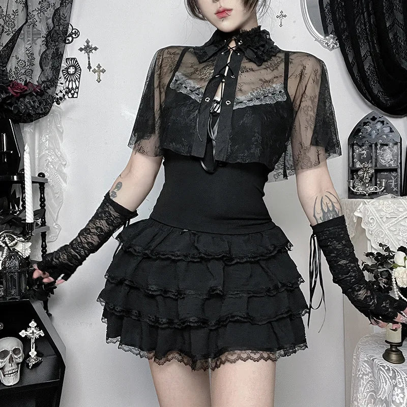 Gothic 2Pcs Women's Tops Splice Waist-Cinching Lacetrim Spaghetti Strap Vest Stand Collar Sexy Hollow-Out Smock Gyaru Suit