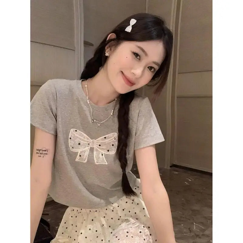 Womens Suit Fashion 2 Piece Set Short Sleeve T Shirt And High Waist Cake Skirt Lace Polka Dot Women Summer Bow Grey Casual Sweet
