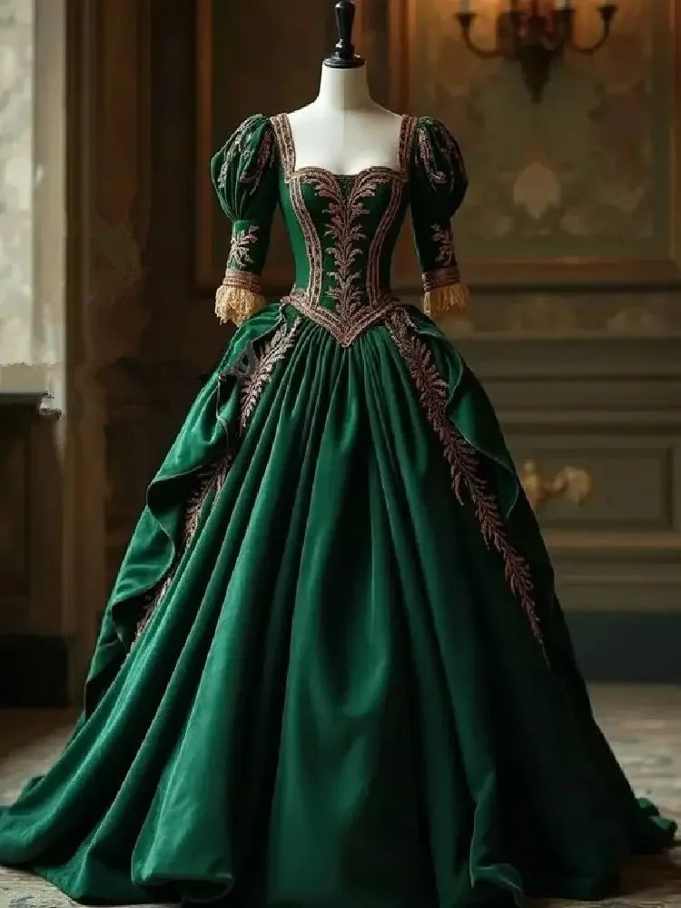 Emerald Green Tudor Evening Dress Gold Lace Victorian Aesthetic Costumes corset Prom Dress Duchess Medieval Party Customized