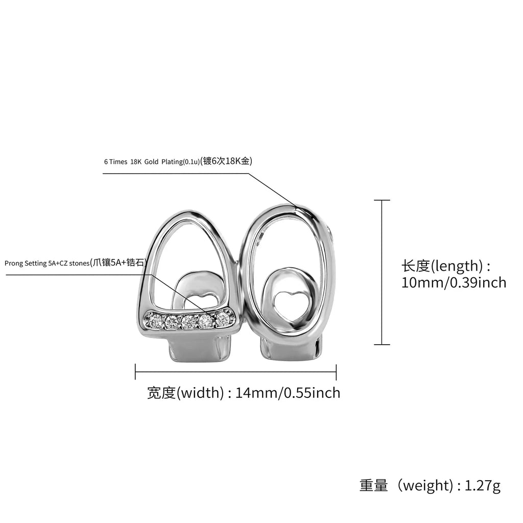 Iced Out Zircon Double Hollow Teeth Grillz Braces Hip Hop CZ Stones Tooth Caps For Women Men Jewelry Cosplay Gift