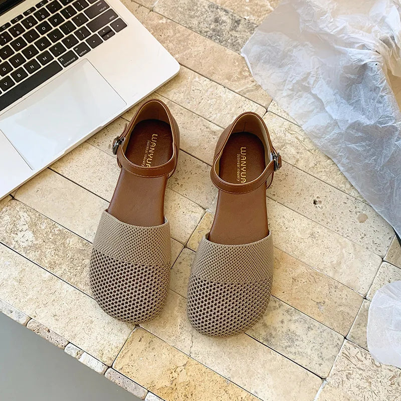 2025 New Spring Summer Mesh Sandals for Women Fashion Flat Low Heel Pumps Round Toe Ankle Strap Sandals Casual Dress Shoes Black