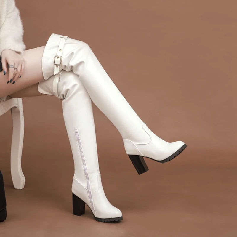 ORCHA LISA Big Size 33-50 Women Thigh High Boots Faux Leather Side Block Heels Long Boots White Dress Party Shoes F1316