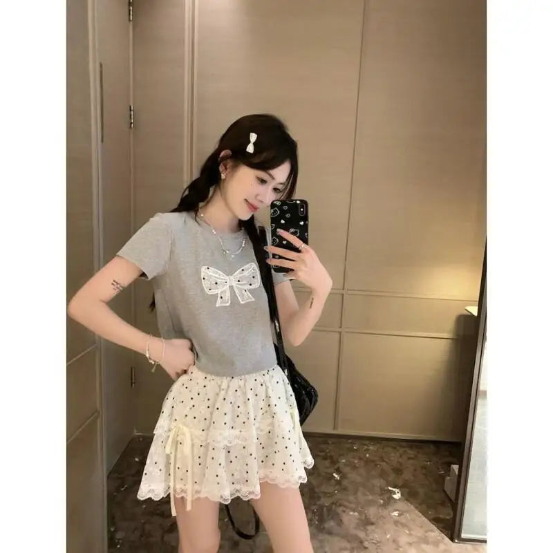 Womens Suit Fashion 2 Piece Set Short Sleeve T Shirt And High Waist Cake Skirt Lace Polka Dot Women Summer Bow Grey Casual Sweet