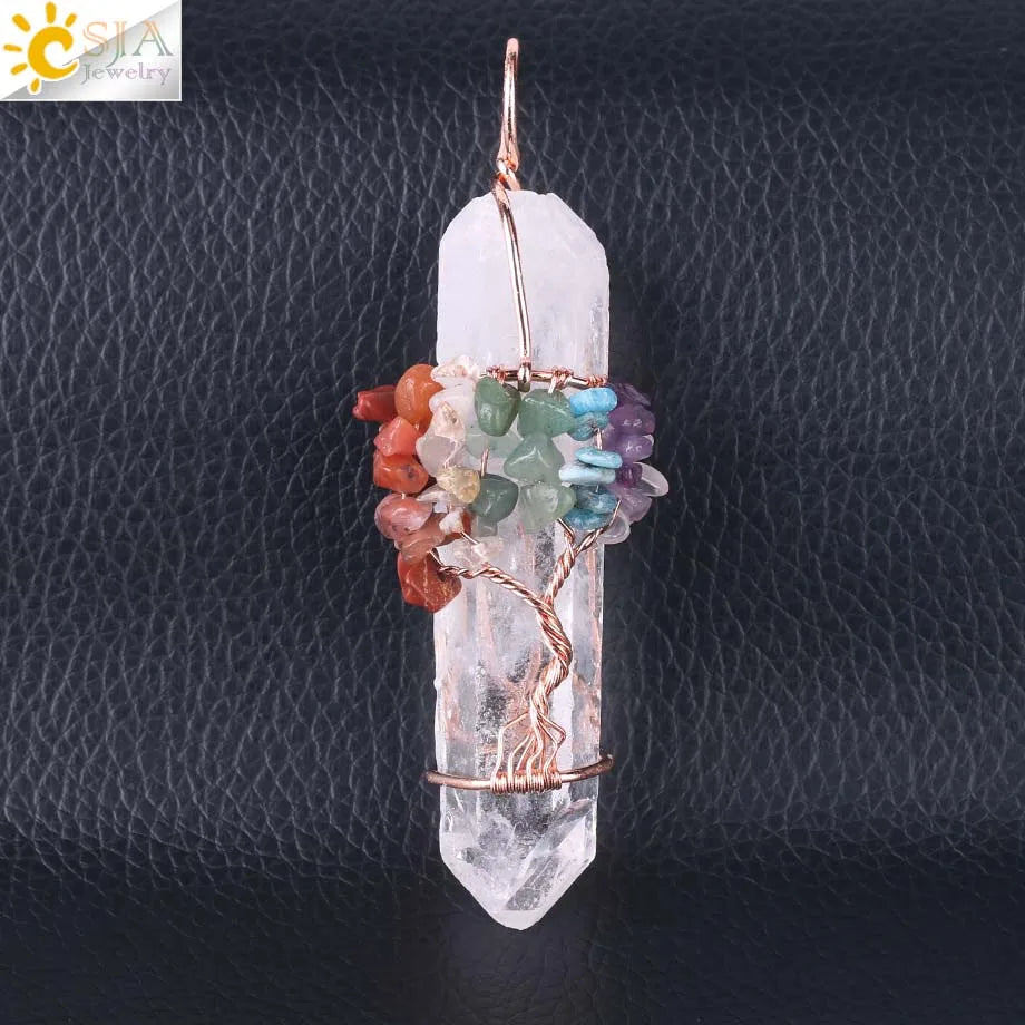 Natural Gem Stone Rock Crystal Pendant Reiki Chakra Tree of Life Handmade Wire Wrapped Clear Quartz Pendant for Necklace F517