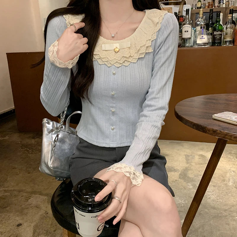 Women's 2026 Spring Autumn New Sweet Cute Lace Thin Short Slim Fit Crew Neck Long Sleeve T Shirt Base Top